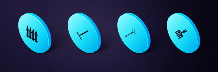 Set Isometric Garden fork, pitchfork, rake and fence icon. Vector