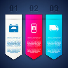 Set Delivery package with umbrella, Mobile app tracking and cargo truck vehicle. Business infographic template. Vector