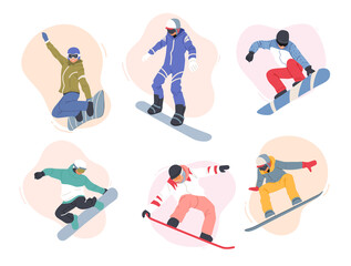 Fototapeta na wymiar Set of Adult People Dressed in Winter Clothing Snowboarding. Male Female Snowboard Riders Having Fun at Winter Resort