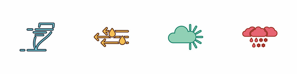 Set Tornado, Wind and rain, Cloudy and with snow icon. Vector
