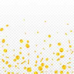 Bitcoin, internet currency coins falling. Eminent scattered BTC coins. Cryptocurrency, digital money. Breathtaking jackpot, wealth or success concept. Vector illustration.