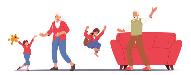 Obraz premium Happy Grandchildren Visiting Grandparents, Family Characters Meeting Concept. Joyous Kids Jumping, Laugh and Rejoice