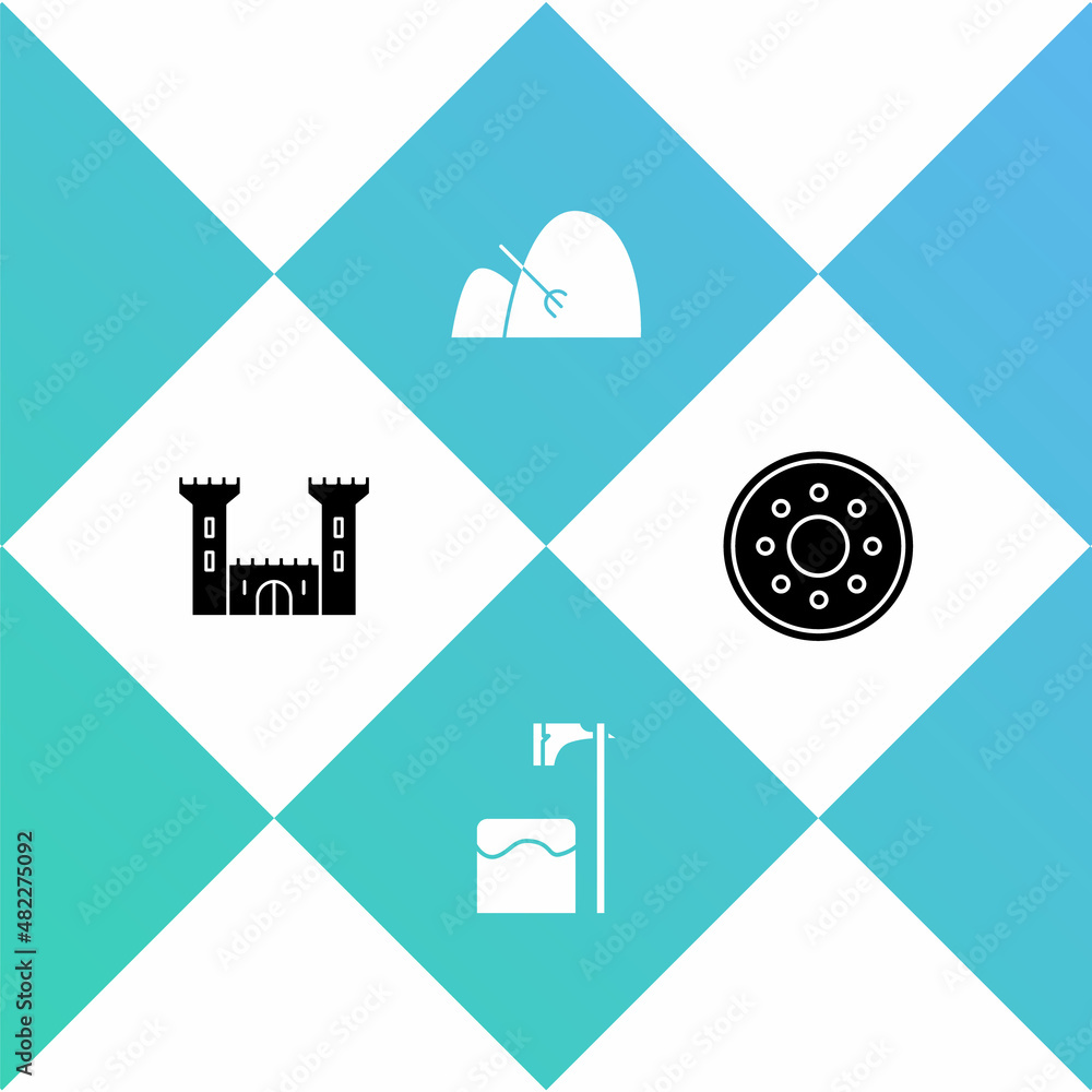 Poster set castle, executioner axe in tree block, bale of hay and rake and round wooden shield icon. vector