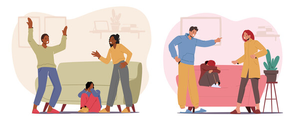 Family Quarrel, Conflict between Parents and Children Concept. Characters Mother and Father Yelling on Each Other