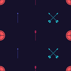 Set Medieval crossed arrows, spear, chained mace ball and Round wooden shield on seamless pattern. Vector