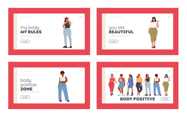 Plus Size Stylish Ladies Landing Page Template Set. Over Size Female Characters, Beautiful Women Wear Casual Clothes