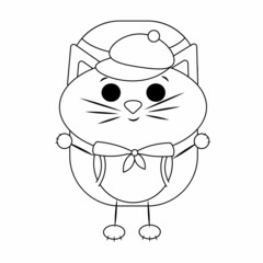Cute cartoon Cat tourist. Draw illustration in black and white