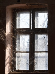 Old window,covered with spider web.