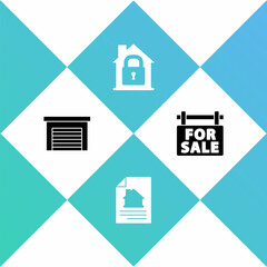 Set Garage, House contract, under protection and Hanging sign with For Sale icon. Vector