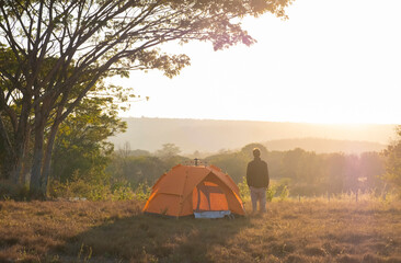 orange tent at a tourist campsite stands under bush near open grass field in the morning sunrise.	