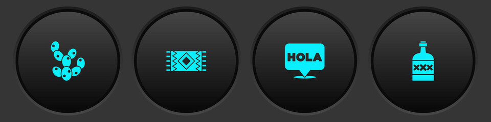 Set Cactus, Mexican carpet, Hola and Tequila bottle icon. Vector © vector_v
