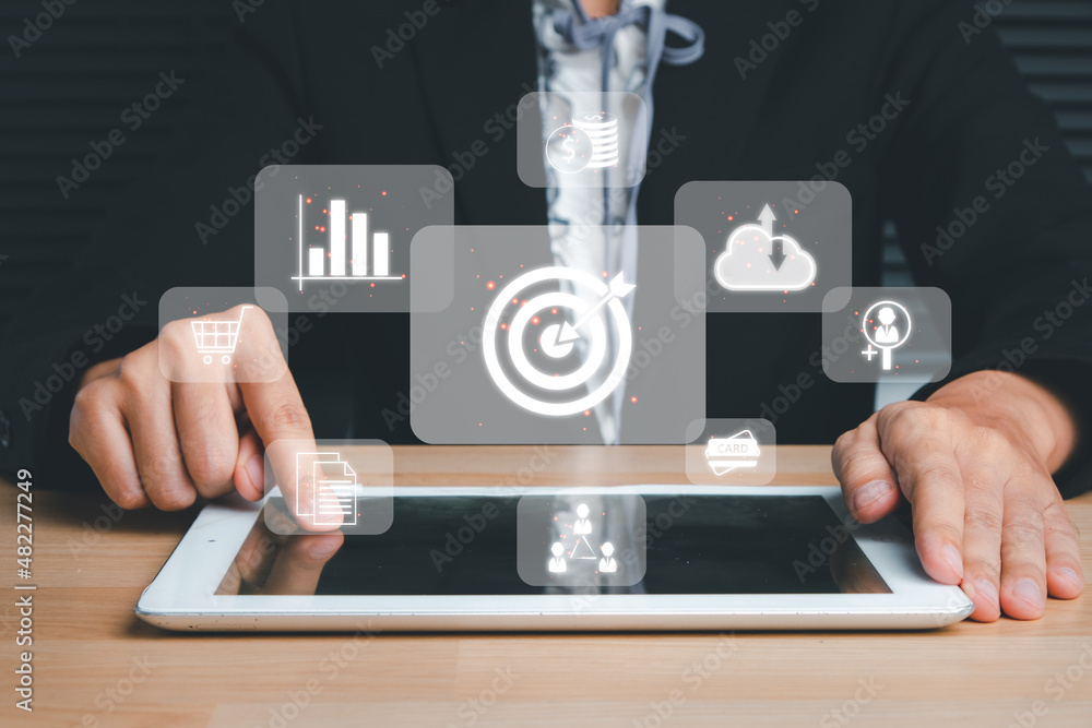 Poster businesswoman hand using smartphone with digital marketing via multi-channel communication network o