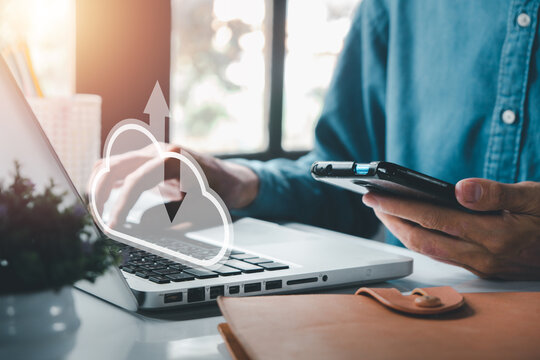 Man hand using smart phone with cloud computing icon, Cloud computing concept, Backup Storage Data Internet, networking and digital, Share global, technology concept..