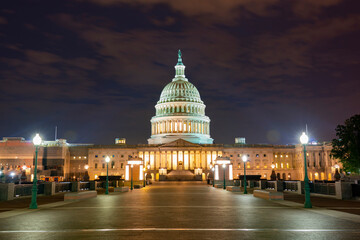Fototapeta na wymiar The United States Capitol at night, often called the Capitol Building, is the home of the United States Congress and the legislative branch of the U.S. federal government. Washington, United States.