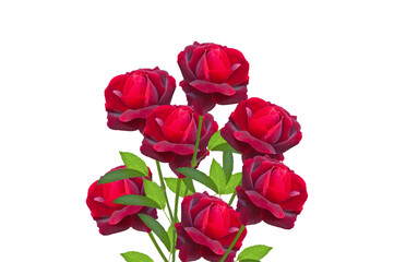 Bouquet of bright beautiful red roses with green leaves on a white isolated background