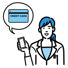 スマートフォンを持ってクレジットカードの説明をしている白衣を着た若い女性医師
