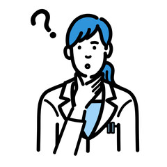 顎に手をあてて考えている白衣を着た若い女性医師
