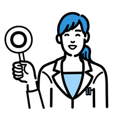 マルの札を持って考えている白衣を着た若い女性医師
