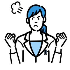 怒っている白衣を着た若い女性医師
