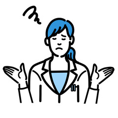 両手を上げて困っている白衣を着た若い女性医師
