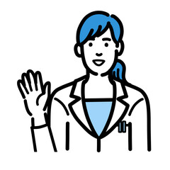 手を挙げて笑顔で挨拶をしている白衣を着た若い女性医師
