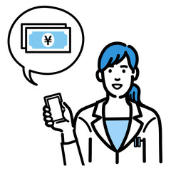 スマートフォンを持ってお金の説明をしている白衣を着た若い女性医師
