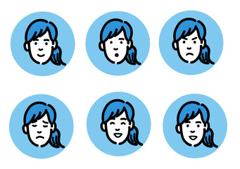 若いポニーテールの女性の表情のアイコンのセット

