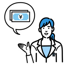 お金の説明をしている白衣を着た若い女性医師
