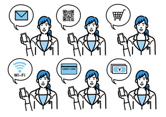 スマートフォンを持って説明をしている白衣を着た若い女性医師のセット
