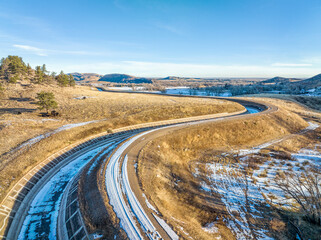 water diversion ditch at Colorado foothills, aerial view of Charles Hansen Canal running from...