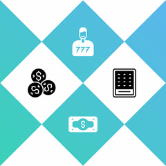 Set Casino chip with dollar, Stacks paper money cash, Lucky player and Lottery ticket icon. Vector