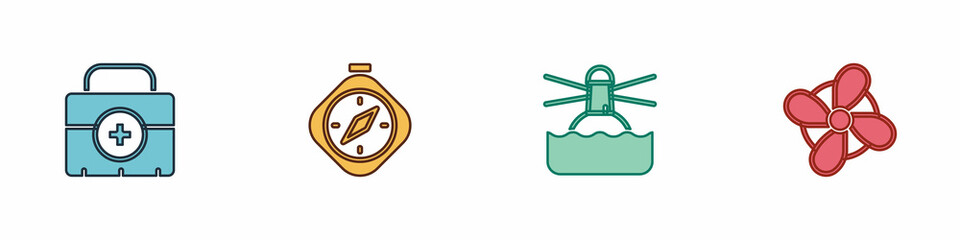 Set First aid kit, Compass, Lighthouse and Boat propeller icon. Vector
