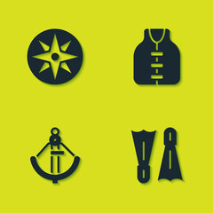 Set Wind rose, Flippers for swimming, Anchor and Life jacket icon. Vector