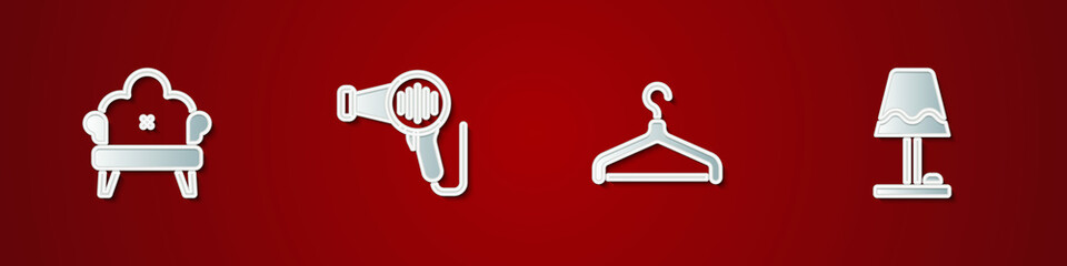 Set Sofa, Hair dryer, Hanger wardrobe and Table lamp icon. Vector