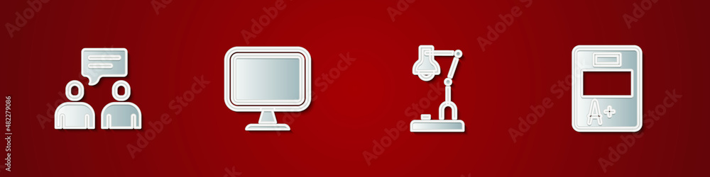 Poster set two sitting men talking, computer monitor, table lamp and exam sheet with a plus grade icon. vec