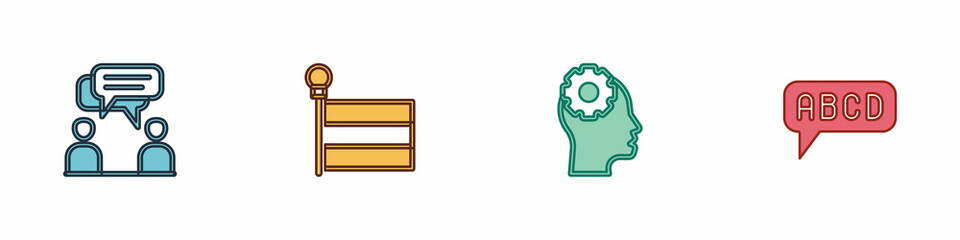 Set Two sitting men talking, Flag, Head with gear inside and Alphabet icon. Vector