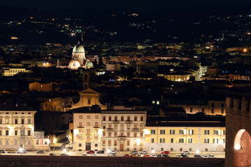 Fototapeta na wymiar Night view of Great Sinagogue of Florence, San Giuseppe church and San Nicolo Tower. One of the world largest sinagogues