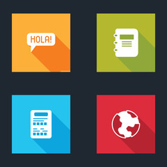 Set Hola in different languages, Notebook, Exam sheet and Earth globe icon. Vector © vector_v