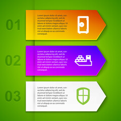 Set line Safe, Cargo ship, Shield and Blender. Business infographic template. Vector