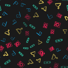 Set line Flag, USB flash drive, Covered with tray of food and Washer on seamless pattern. Vector