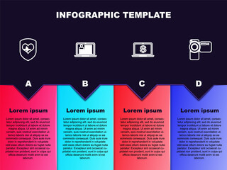Set line Shield and heart rate, Laptop with resume, dollar and Cinema camera. Business infographic template. Vector