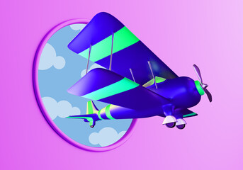 Airplane Cartoon style. Visualization of detailed aircraft. Three-dimensional plane on pink background. Plane flies into round window. High-speed blue plane. Cartoon flying machine. 3d rendering.