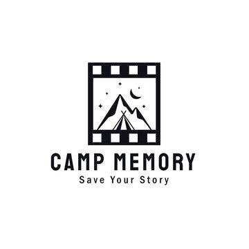 Mountain Landscape and camp with classic film roll for Adventure Outdoor Nature Photography Photographer Logo Design