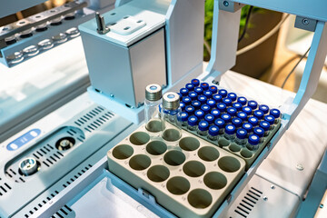 Laboratory equipment. Racks with many tubes. Concept - doping testing. Testing samples for doping....