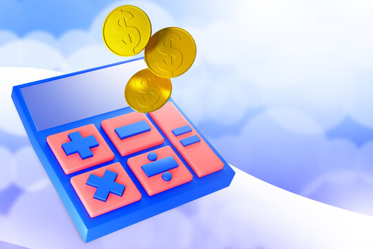 Financial Audit Income Concept. Calculator and gold coins. Company income accounting metaphor. Business income audit. Accounting for business profits. Visualization of calculator on blue. 3d image.