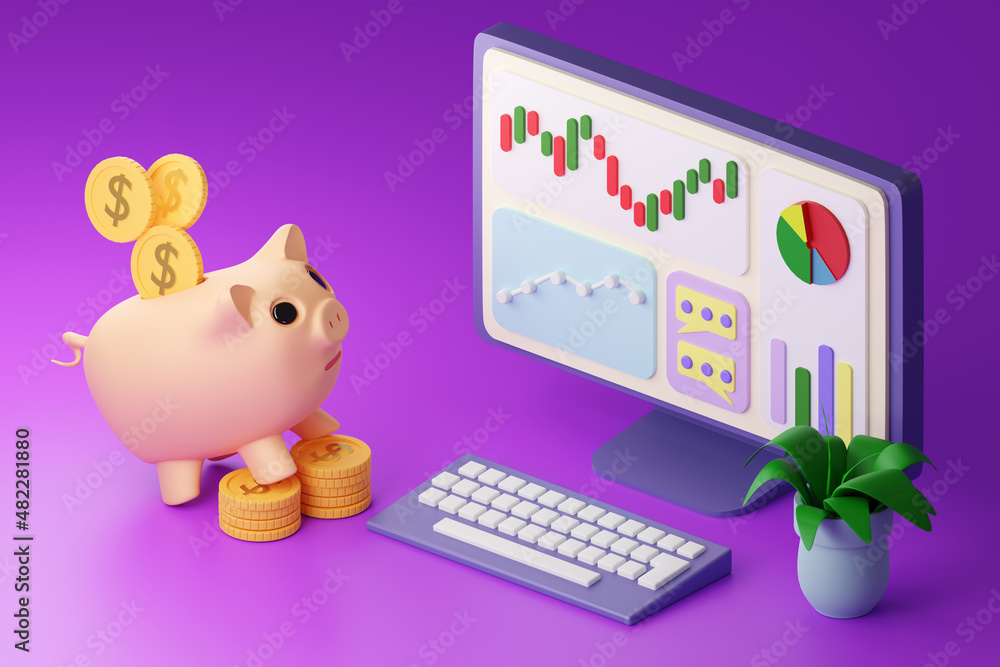 Aufkleber passive income concept. graph of accumulation of money on monitor. growing graphs in computer screen