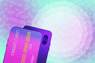Smartphone with a credit card on screen. Online shopping concept. Smartphone on a pink background. Online payment for shopping. Pay while shopping with your smartphone. Online sale. 3d rendering
