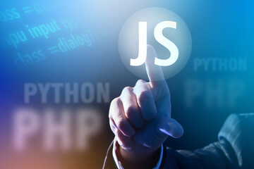 JS letters in front of human hand. Concept of choosing Javascript language to study. Learning...