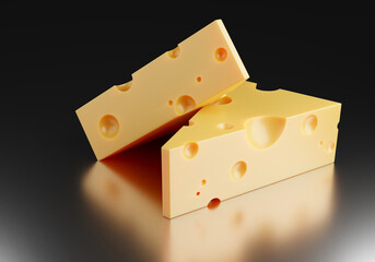 Cheese on black background. Maasdam cheese close-up. Porous yellow cheese. Maasdam detailed visualization. Three-dimensional Maasdam is reflected in black surface. 3d rendering.