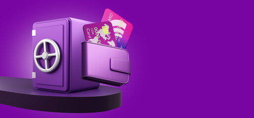 Bank cards and safe. Keeping money in bank accounts concept. Debit plastic cards and deposit box. Safe symbolizes reliable bank deposit. Place for your advertisement on purple. Saving money. 3d image - obrazy, fototapety, plakaty